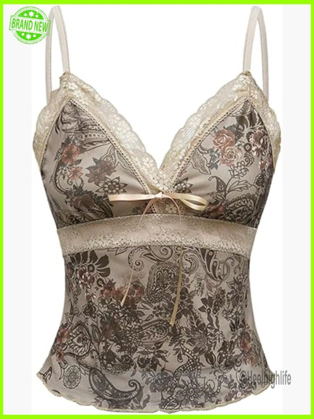 Paisley Lace Trim V-Neck Crop Tank Top Slim Fit Spaghetti Strap